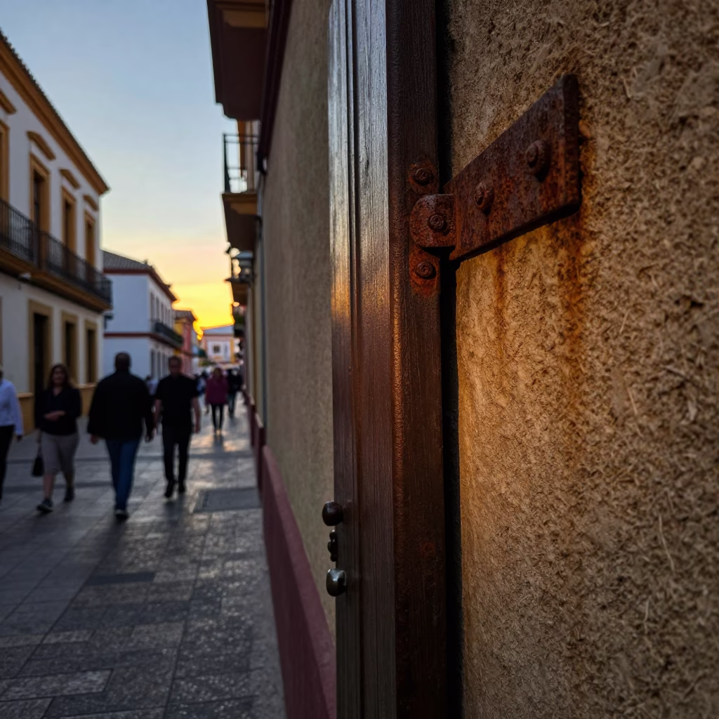 Busy Seville Street Scene at Sunset with Rusty Hinge and Prayer Beads in in Seville, Spain