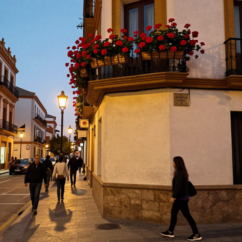 Busy Seville Street Scene Early Evening with Flower Box Geraniums and Local Life in in Seville, Spain