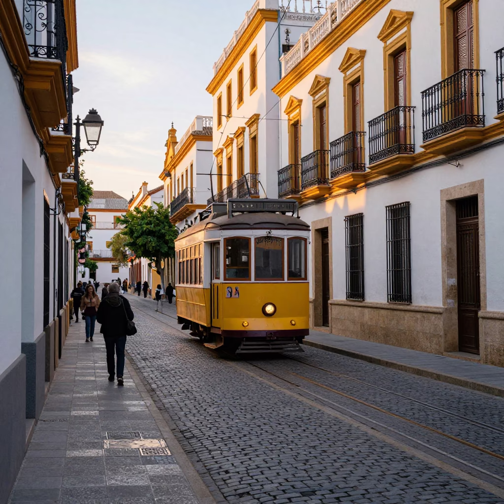 Busy Seville Street Scene Just After Sunrise with Old Trolley and Local Market Activity in in Seville, Spain