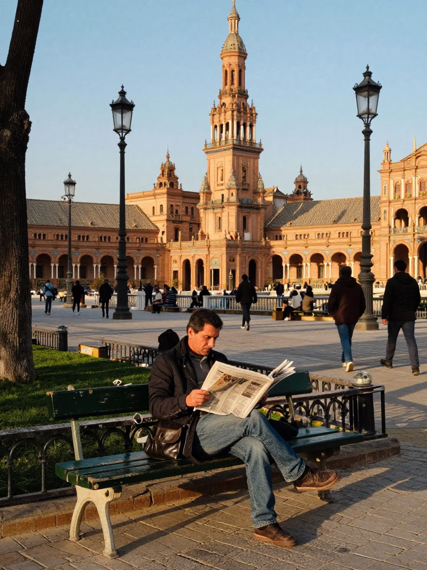 Busy Seville Street Scene Late Afternoon Light with Park Bench and Urban Details in in Seville, Spain