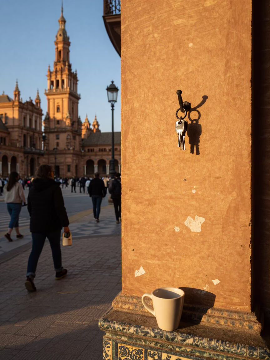 Busy Seville Street Scene Late Afternoon with Ceramic Cup and Wall Hook in in Seville, Spain