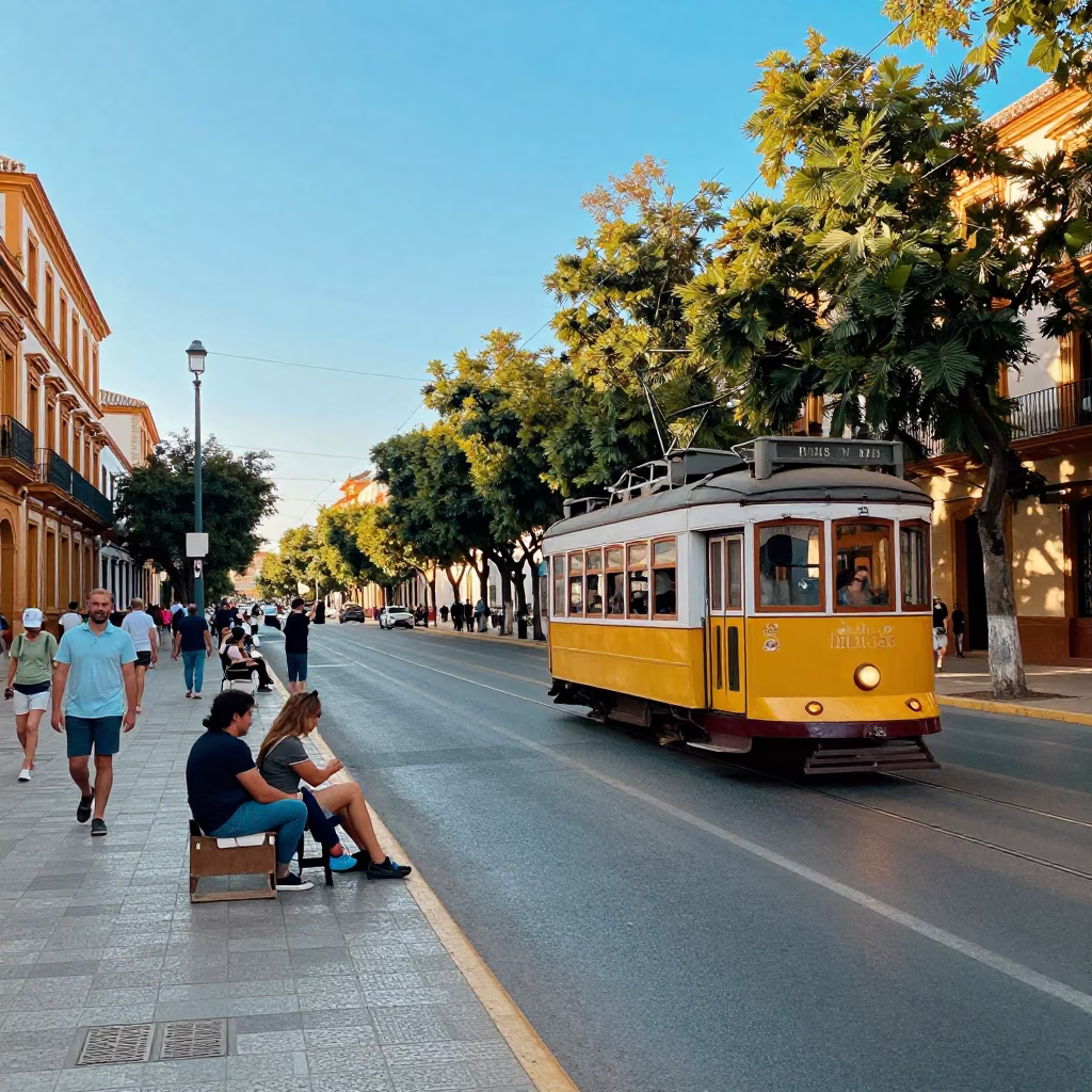 Busy Seville Street Scene with Tramcar and Local Activity in Late Afternoon Light in in Seville, Spain