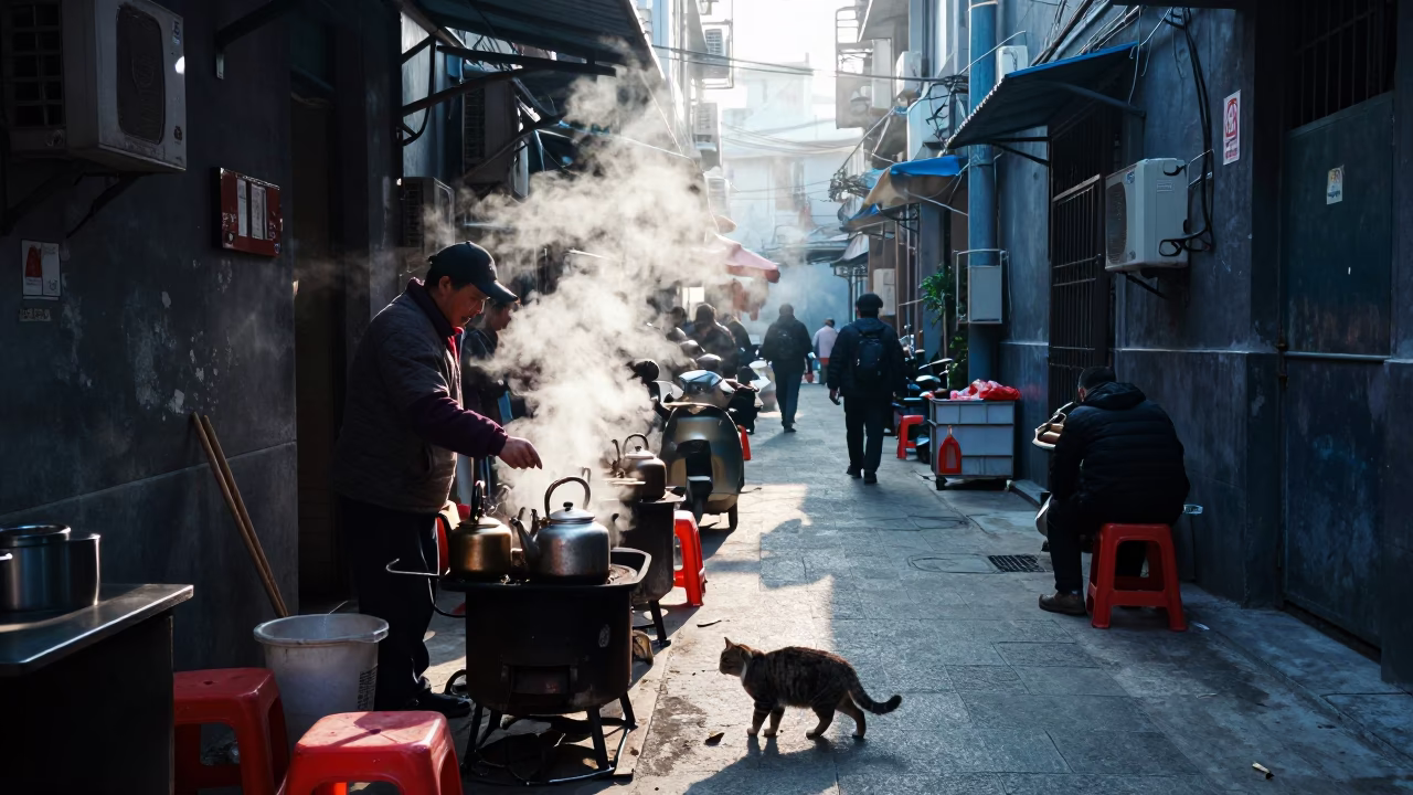 Busy Shanghai Alley Morning with Steam and Cat in in Shanghai, China