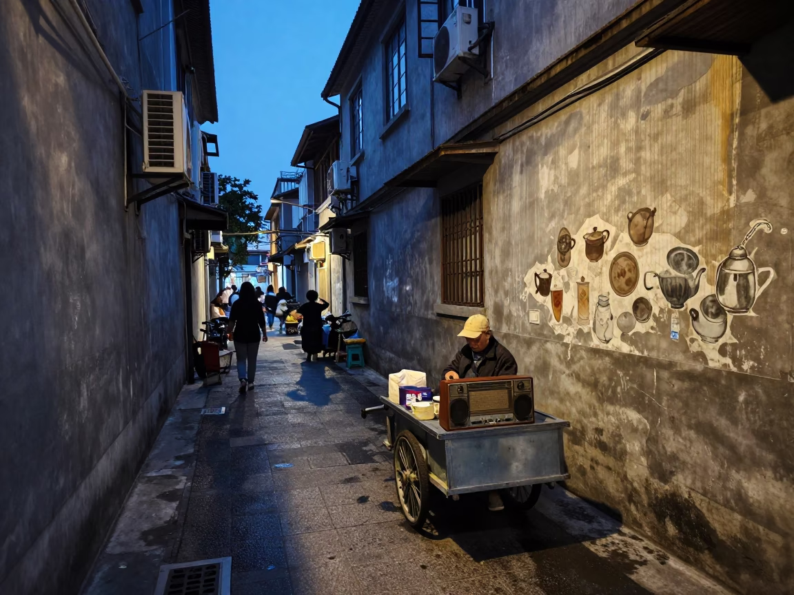 Busy Shanghai Alleyway at Blue Hour with Vintage Radio and Tea Stains in in Shanghai, China