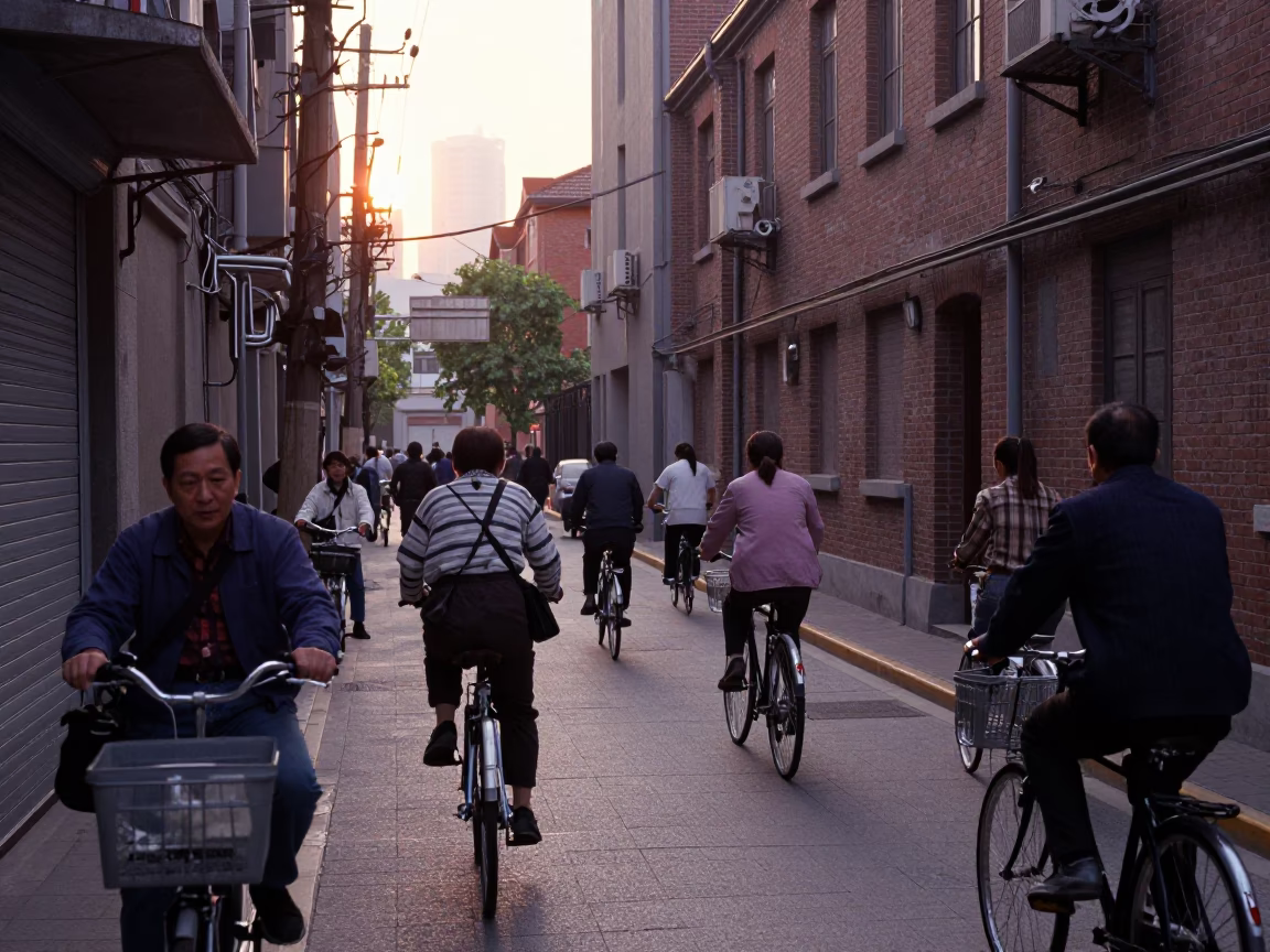 Busy Shanghai Alleyway at Dawn with Bicycle Commuters and Morning Market Activity in in Shanghai, China