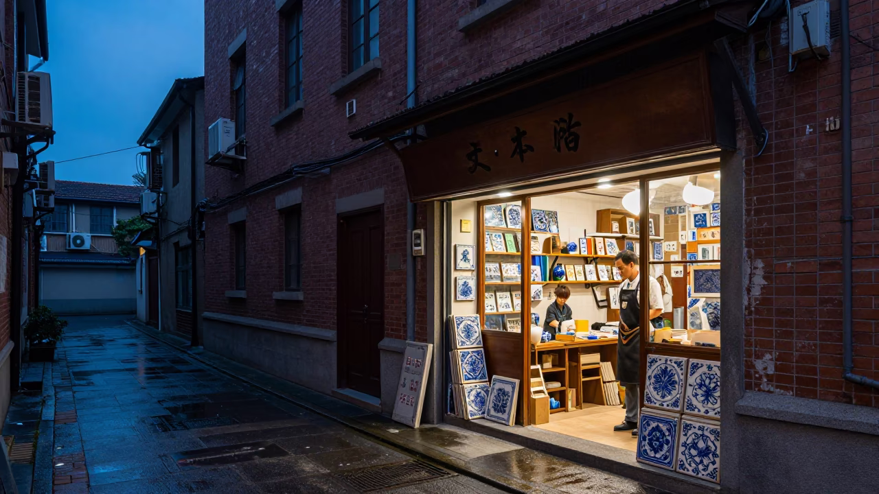 Busy Shanghai Alleyway Shop at Blue Hour with Ceramic Tiles and Apron in in Shanghai, China