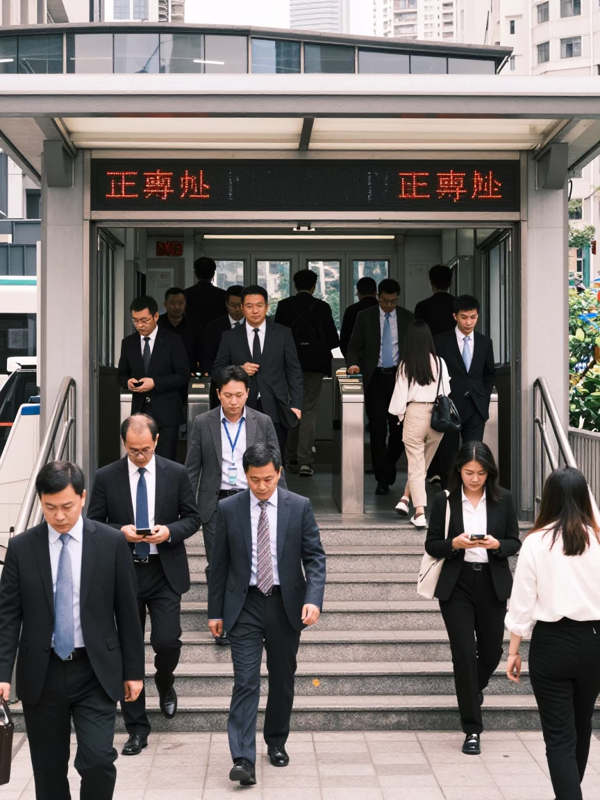 Busy Shanghai Metro Station Entrance with Train Emerging at Noon in in Shanghai, China