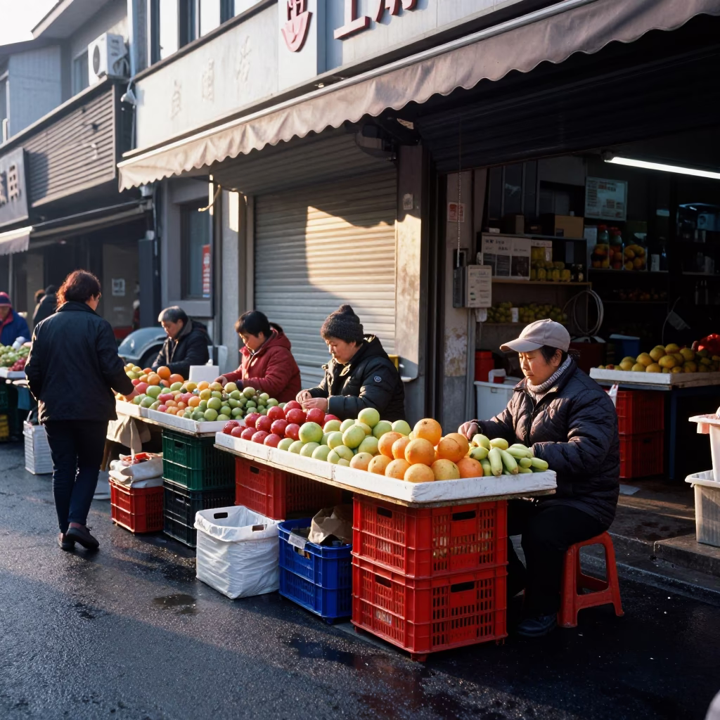 Busy Shanghai Morning Street Market with Fruit Crates and Grilled Fish at First Light in in Shanghai, China