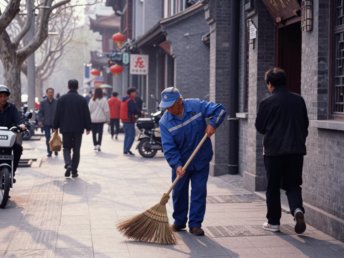 Busy Shanghai Morning Street Scene with Broom and Traditional Willow Tree in in Shanghai, China