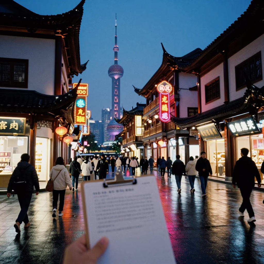 Busy Shanghai Street at Blue Hour with Clipboard and Traditional Architecture in in Shanghai, China