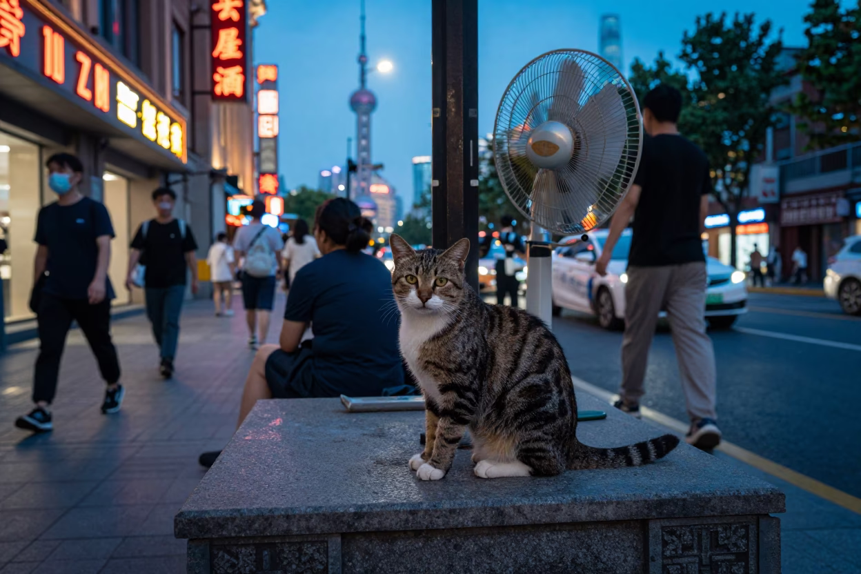 Busy Shanghai Street Corner at Blue Hour with Cat and Fan in in Shanghai, China
