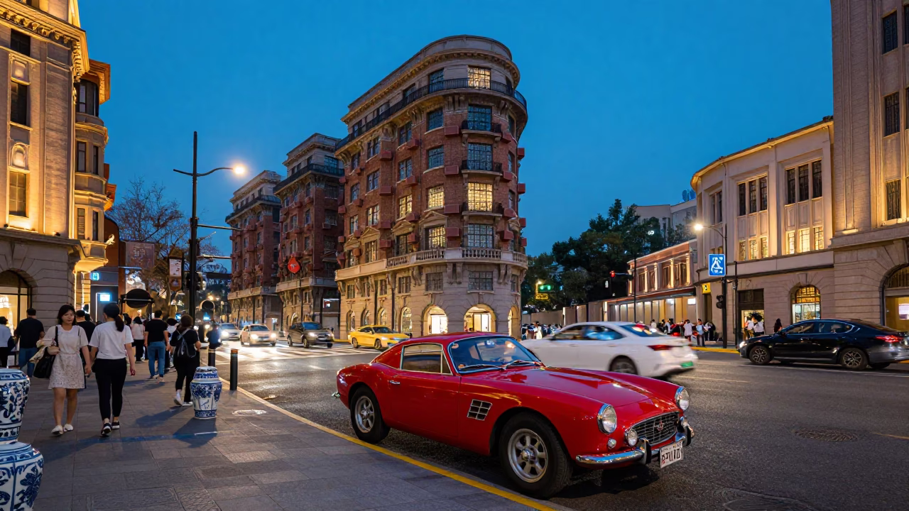 Busy Shanghai Street Corner at Blue Hour with Vintage Car and Ceramic Pitcher in in Shanghai, China