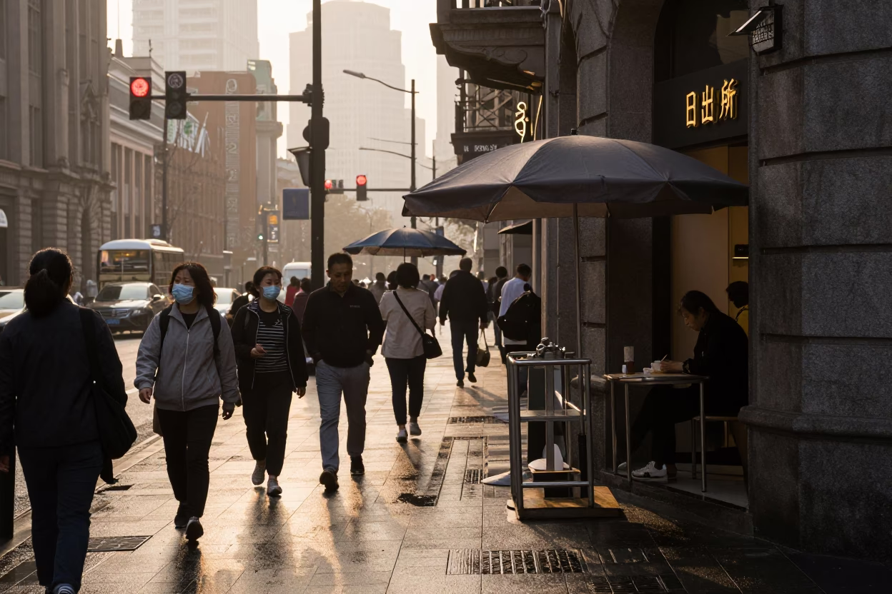 Busy Shanghai Street Corner at Nautical Dawn with Umbrella Stand and Urban Life in in Shanghai, China
