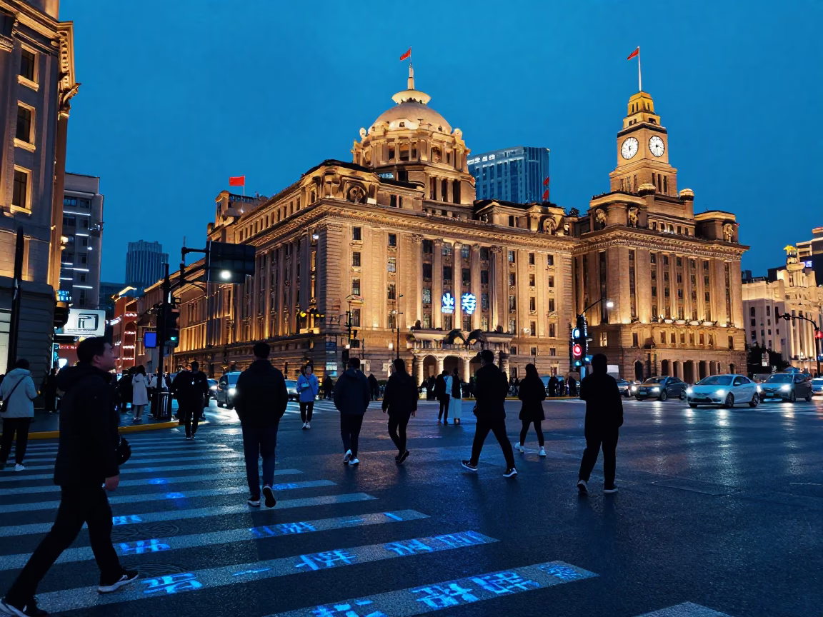 Busy Shanghai street corner at twilight with neon signs and pedestrians in in Shanghai, China
