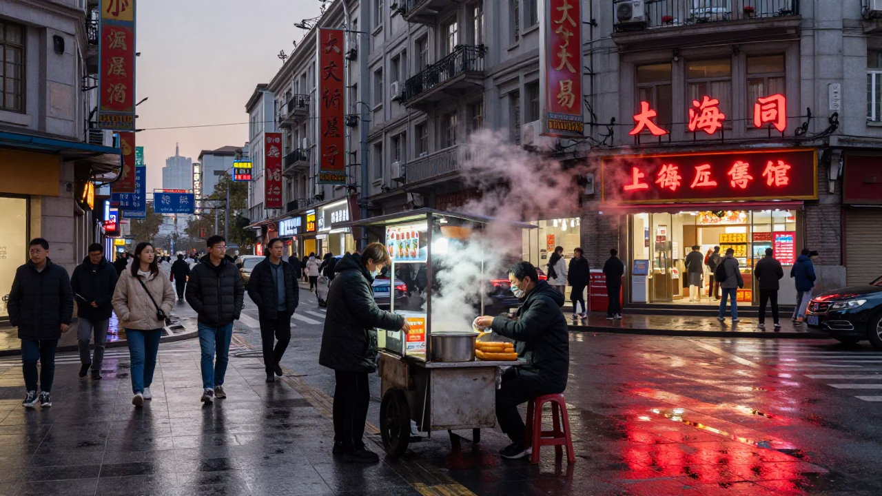 Busy Shanghai Street Corner Before Dawn with Neon Signs and Commuters in in Shanghai, China