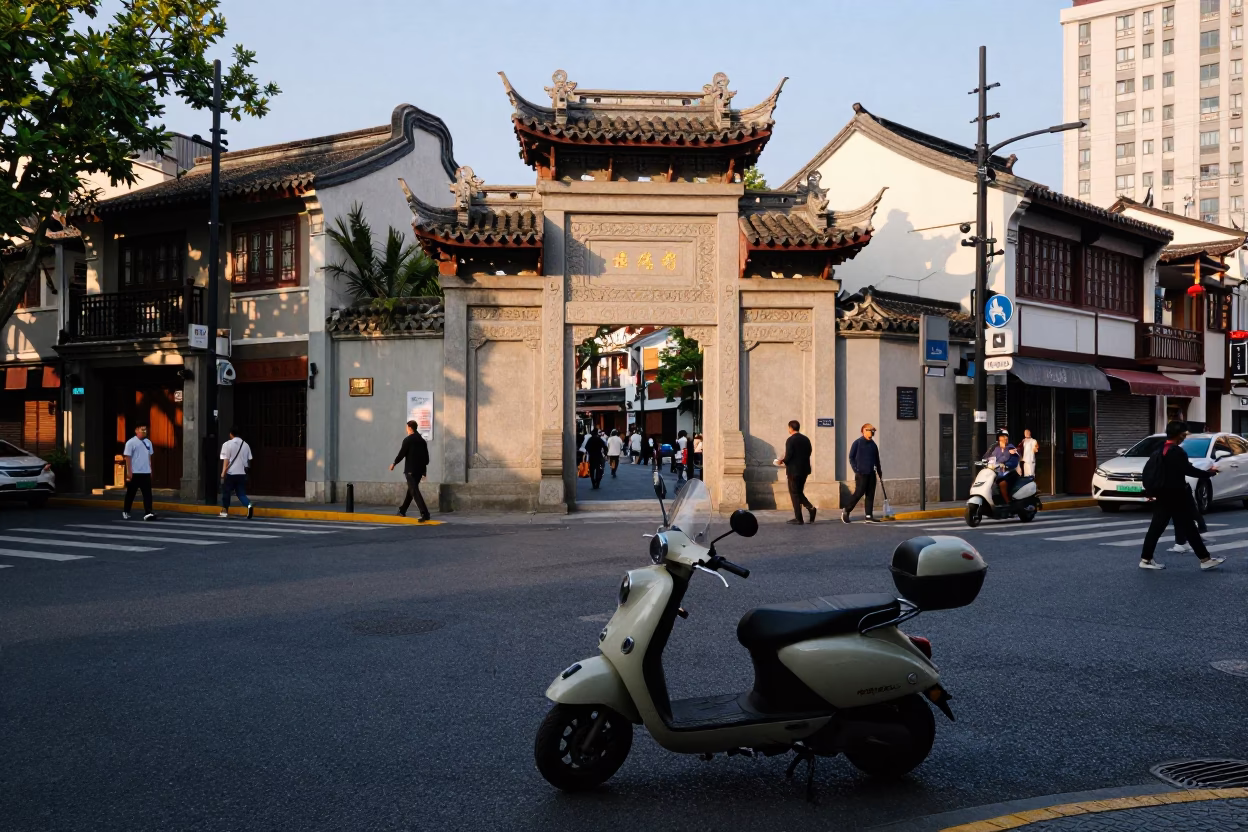 Busy Shanghai Street Corner Early Afternoon with Vintage Scooter and Local Market Stalls in in Shanghai, China