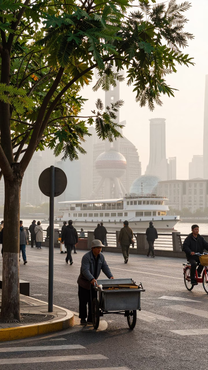 Busy Shanghai Street Corner Just After Sunrise With Vintage 1980s Life and Local Details in in Shanghai, China