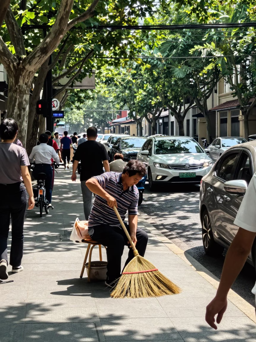 Busy Shanghai street corner midday with vendor and hand broom in in Shanghai, China