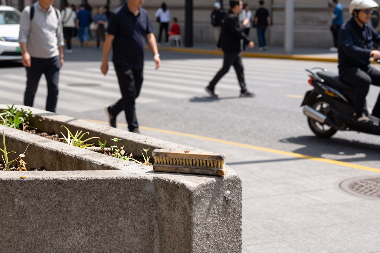 Busy Shanghai Street Corner Under Flat Noon Glare With Sampan And Nail Brush in in Shanghai, China