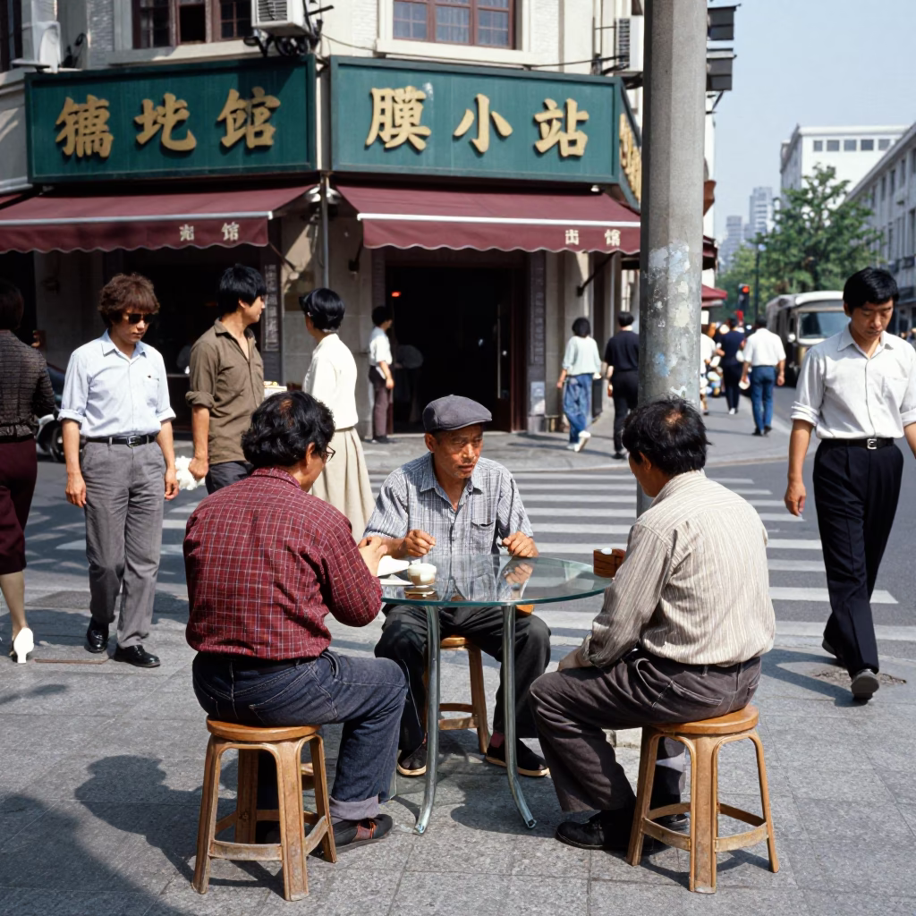Busy Shanghai Street Corner with Clear Glass Tabletop Under Noon Sun in 1980s China in in Shanghai, China