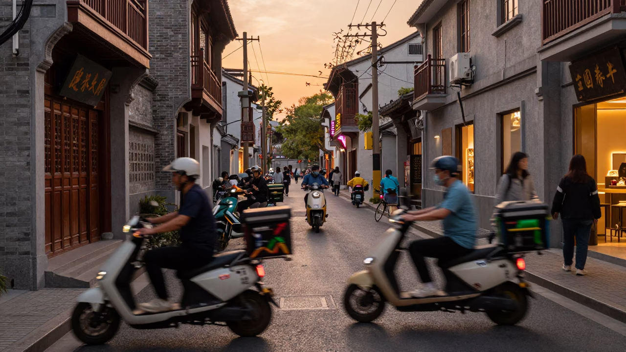 Busy Shanghai Street Evening with Delivery Scooters and Neon Signs in in Shanghai, China