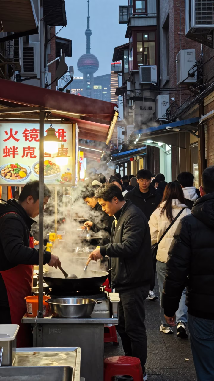 Busy Shanghai Street Food Stall at Dusk with Steam and Neon Lights in in Shanghai, China