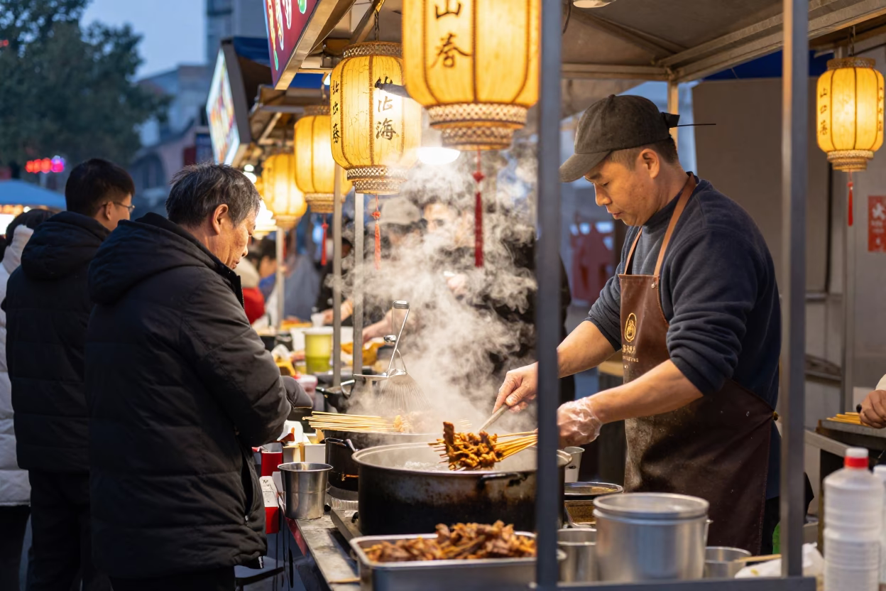 Busy Shanghai street food stall with hanging lanterns and customers eating at night in in Shanghai, China