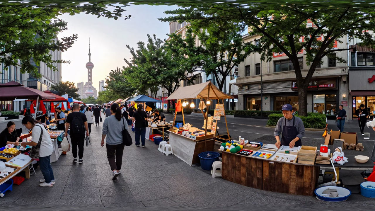 Busy Shanghai Street Market at Nautical Dawn with Vendor and Household Items in in Shanghai, China