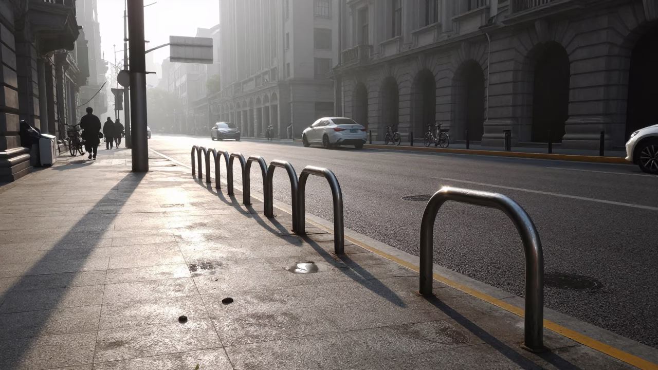 Busy Shanghai Street Morning with Bicycle Rack and Water Rings on Wet Pavement in in Shanghai, China