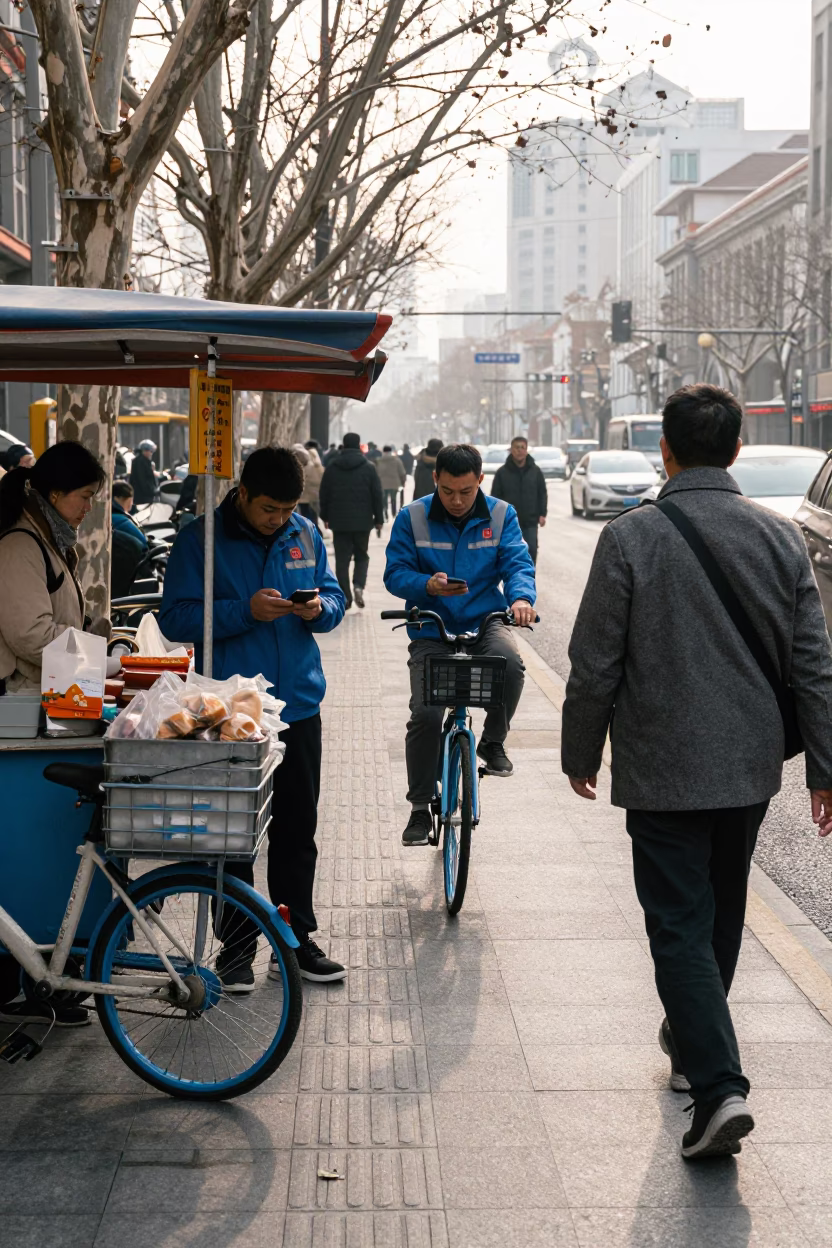 Busy Shanghai Street Morning with Food Vendor and Bicycle Traffic in in Shanghai, China