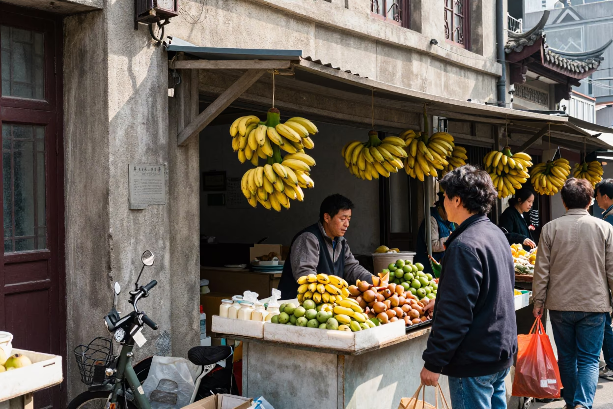 Busy Shanghai Street Scene 1980s with Hanging Bananas and Traditional Architecture in in Shanghai, China