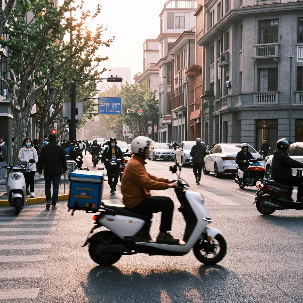 Busy Shanghai Street Scene After Sunrise with Delivery Scooter and Urban Life in in Shanghai, China