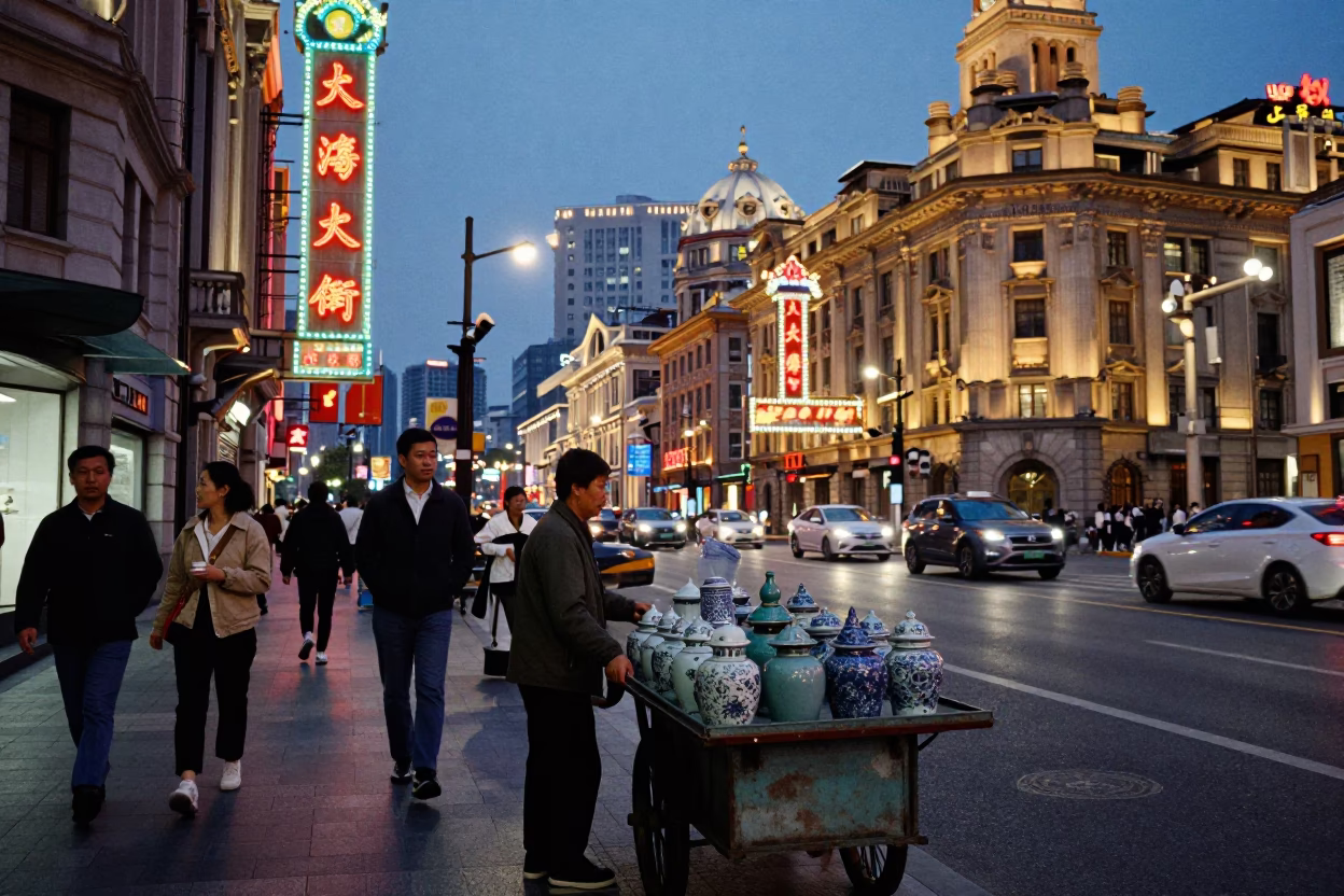 Busy Shanghai street scene at blue hour with neon signs and pedestrians in in Shanghai, China