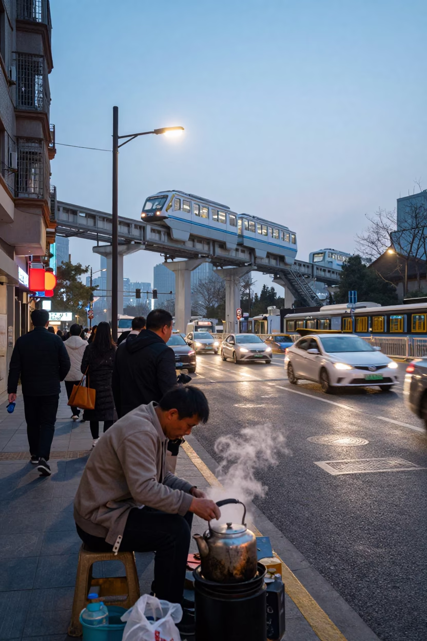 Busy Shanghai Street Scene at Dawn with Monorail and Traditional Breakfast Vendor in in Shanghai, China