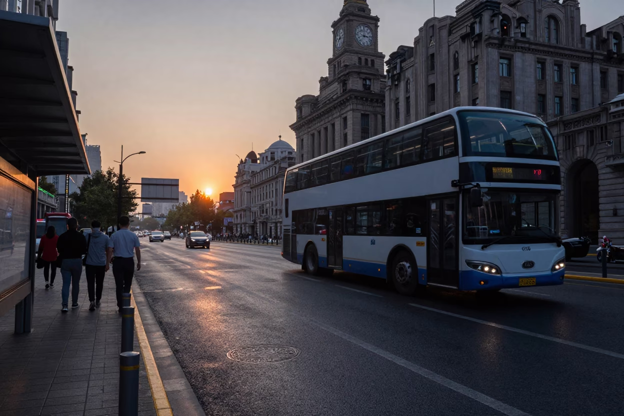 Busy Shanghai Street Scene at Dusk with Double-Decker Bus and Rainy Bus Stop in in Shanghai, China