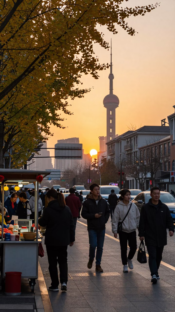 Busy Shanghai Street Scene at Dusk with Pedestrians and Traditional Elements in in Shanghai, China