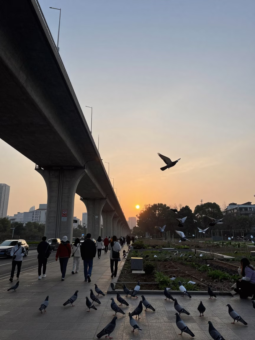 Busy Shanghai Street Scene at Dusk with Pigeons and Metal Stools Near Viaduct Shadow in in Shanghai, China