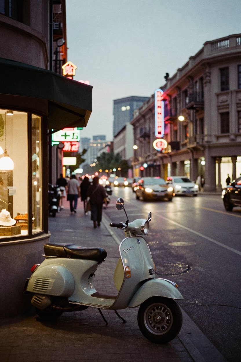 Busy Shanghai Street Scene at Dusk with Vintage Vespa Reflection and Traditional Market Activity in in Shanghai, China
