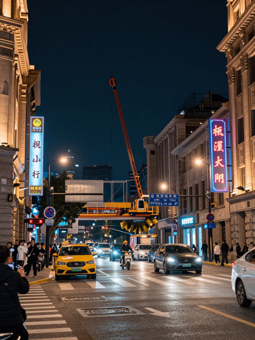 Busy Shanghai Street Scene at Midnight with Bridge Maintenance Cage in in Shanghai, China