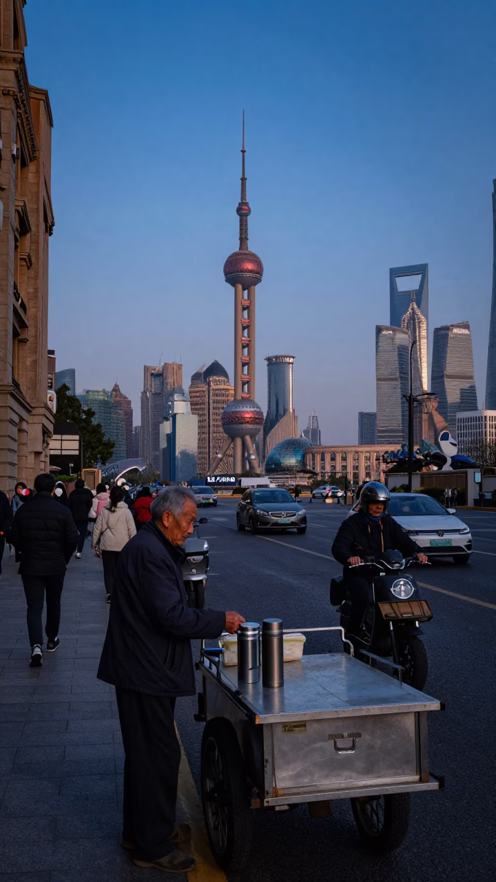Busy Shanghai Street Scene at Nautical Dawn with Thermos and Paper Fan in in Shanghai, China