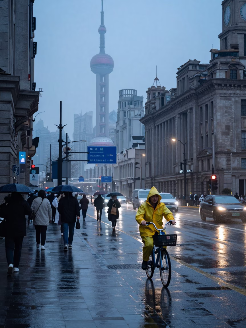 Busy Shanghai Street Scene at Nautical Dawn with Wet Pavement and Urban Life in in Shanghai, China