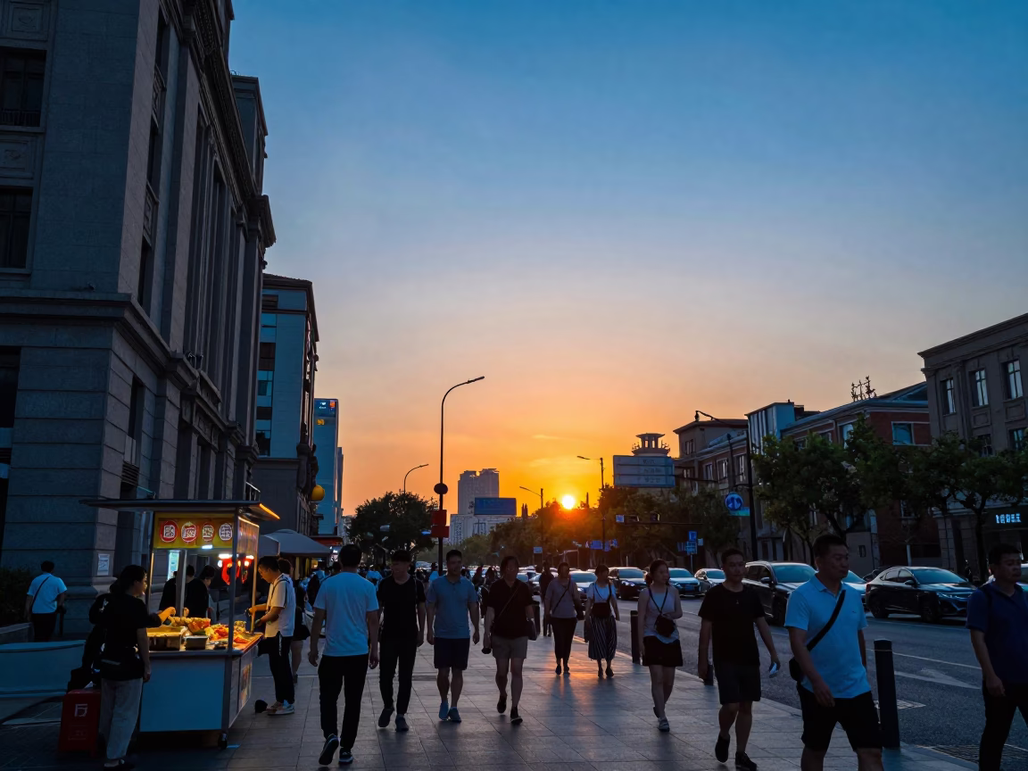 Busy Shanghai Street Scene at Sunset with Blue and White Porcelain Bowl in in Shanghai, China