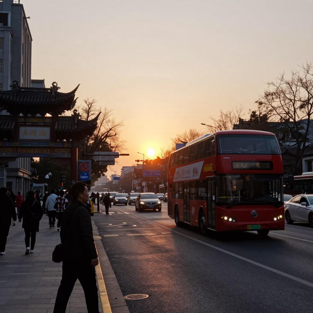 Busy Shanghai Street Scene at Sunset with Double-Decker Bus and Garden Gate in in Shanghai, China