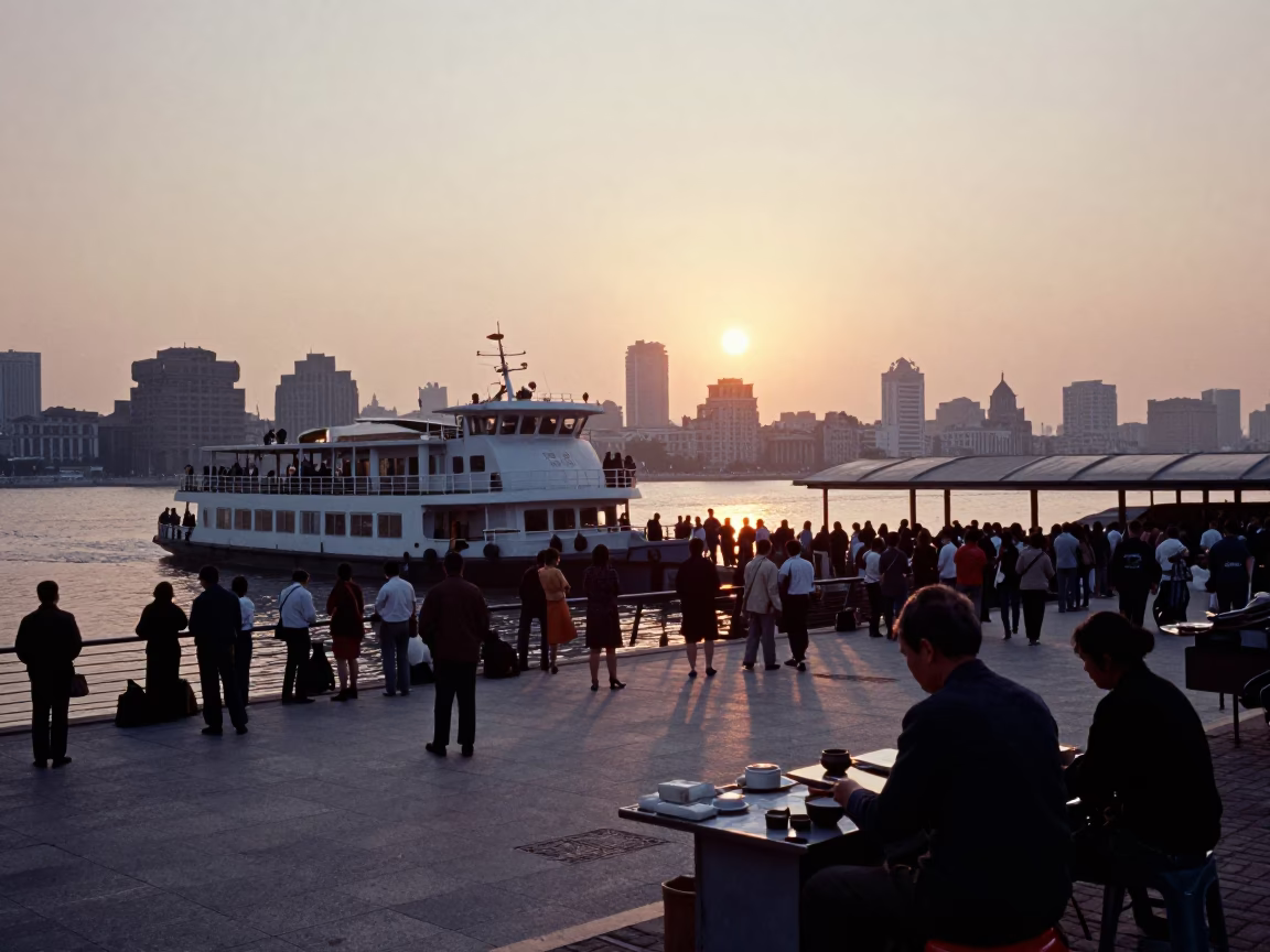 Busy Shanghai Street Scene at Sunset with Ferry and Blankets in in Shanghai, China