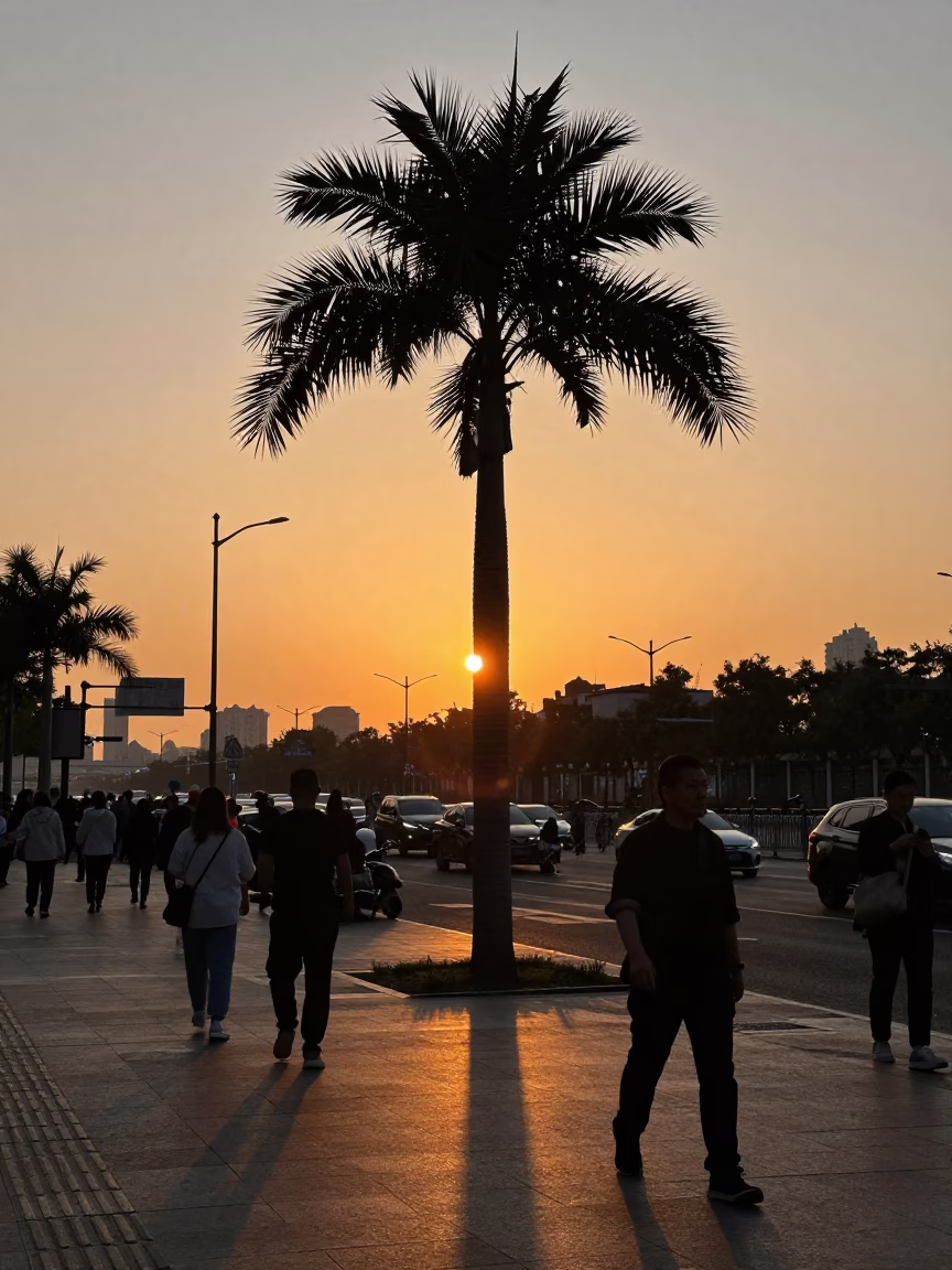 Busy Shanghai Street Scene at Sunset with Palm Tree Silhouette and Vintage Life in in Shanghai, China