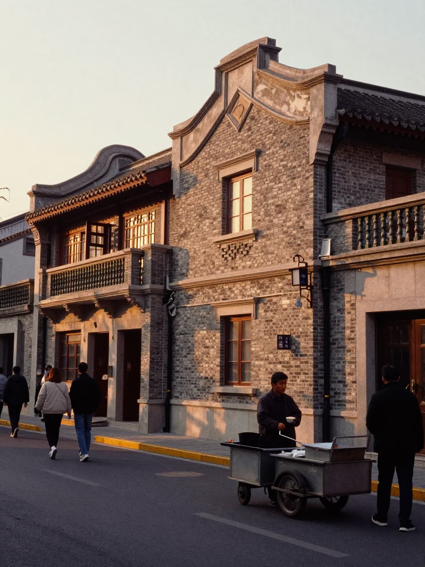 Busy Shanghai Street Scene at Sunset with Traditional Architecture and Local Commerce in in Shanghai, China