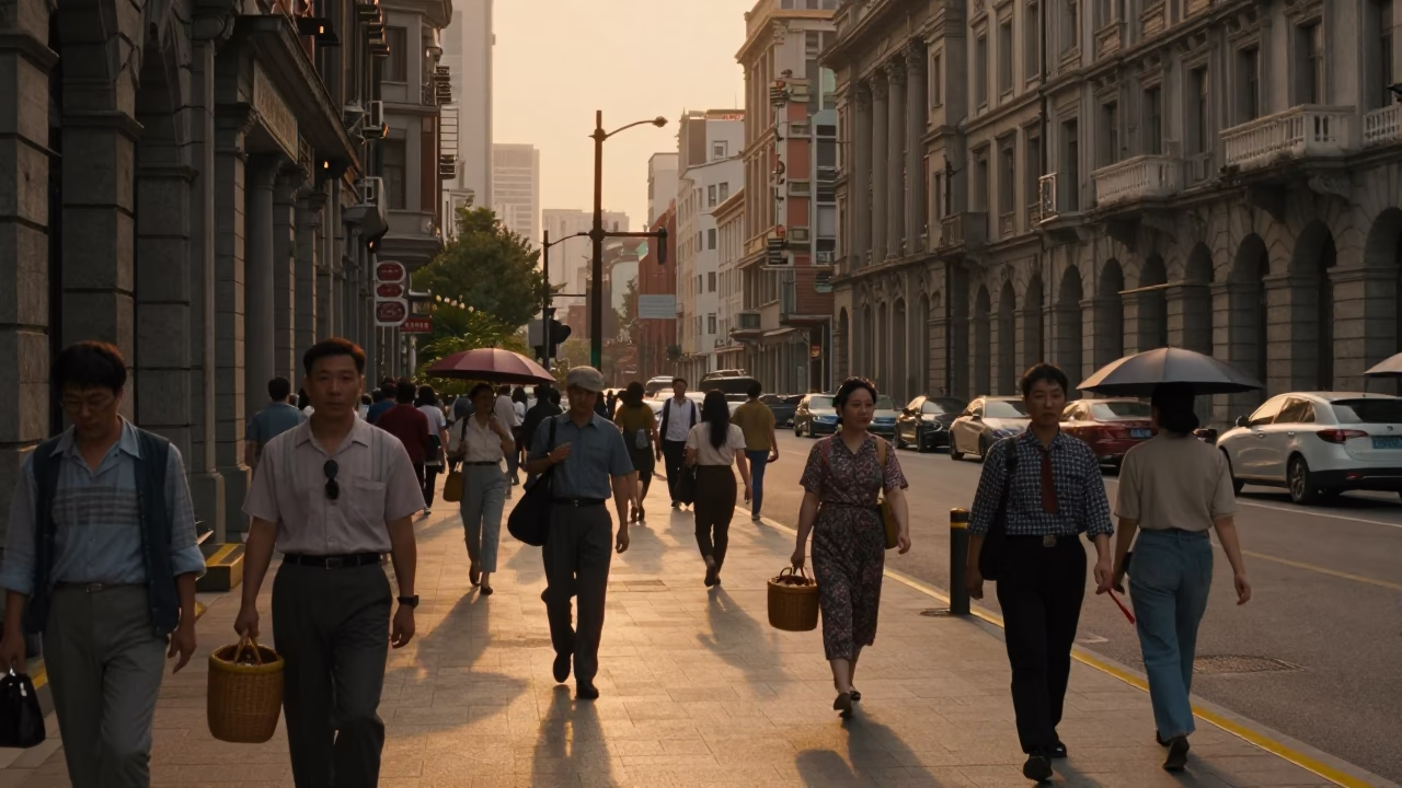 Busy Shanghai Street Scene at Sunset with Vintage 1960s Architecture and Local Life in in Shanghai, China