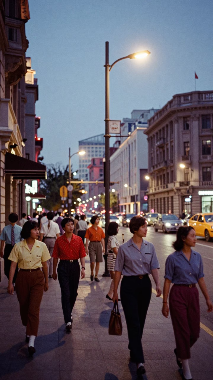 Busy Shanghai Street Scene at Twilight with Vintage 1970s Aesthetic and Local Life in in Shanghai, China