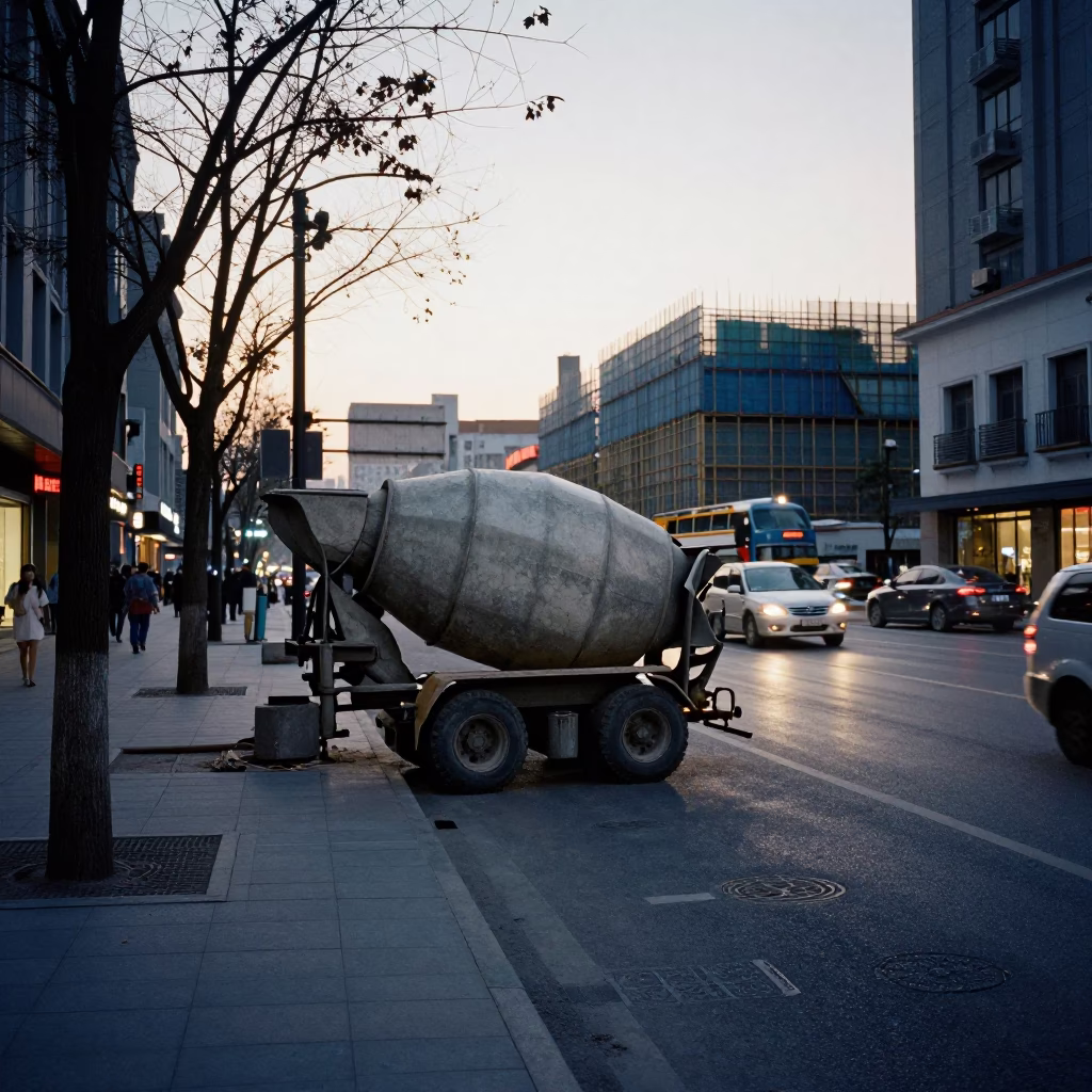 Busy Shanghai Street Scene Before Dawn with Cement Mixer and Early Morning Activity in in Shanghai, China