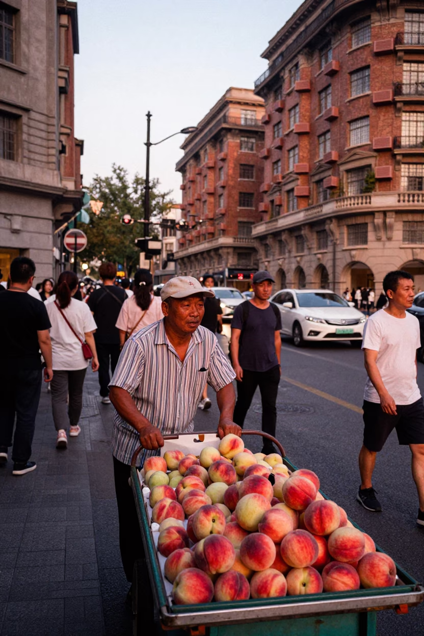 Busy Shanghai Street Scene Before Dusk with Pedestrians and Urban Details in in Shanghai, China
